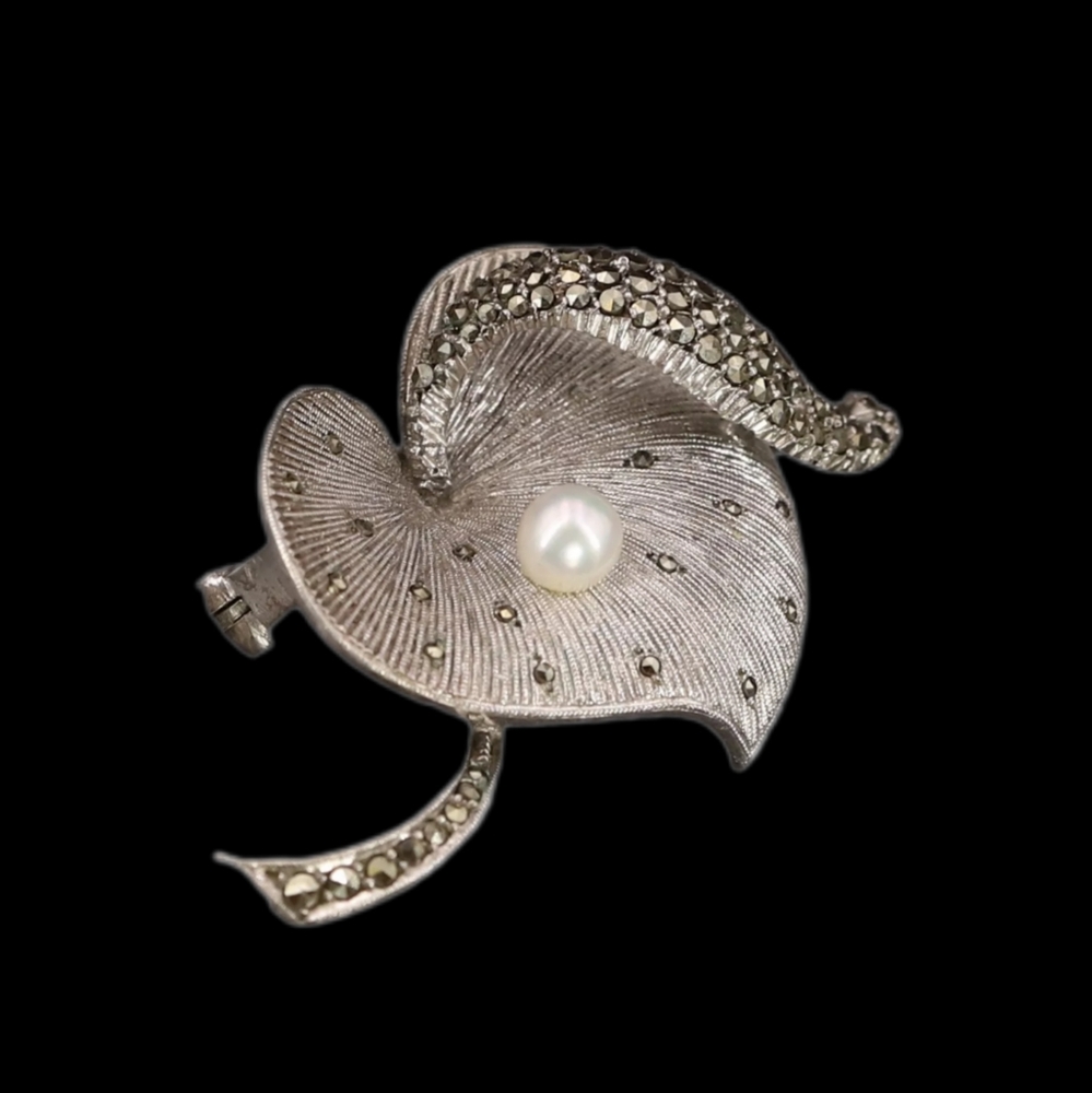 Theodore Fahrner Original Sterling Silver Marcasite FW Pearl Heart Brooch Pin